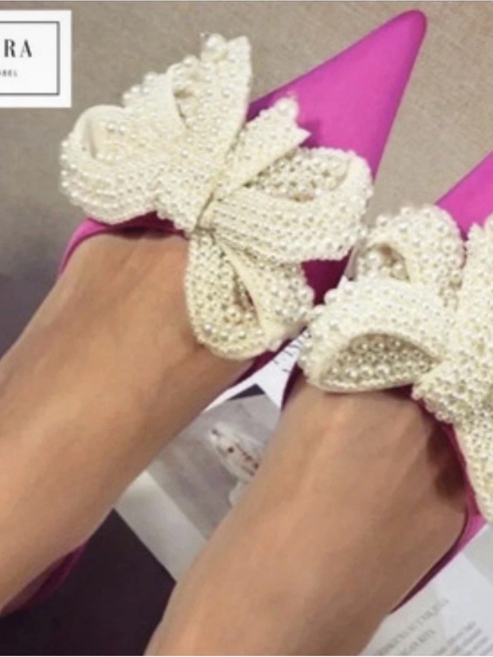 Pearl Bow Pointed Flats in Fuchsia